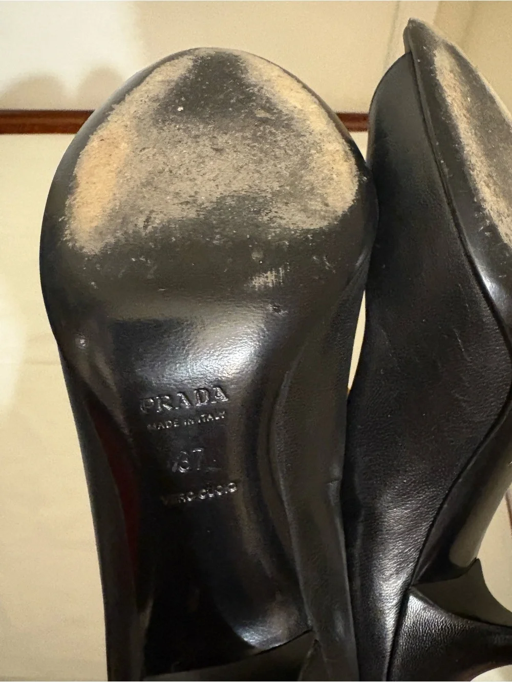 PRADA black leather peep toe heels